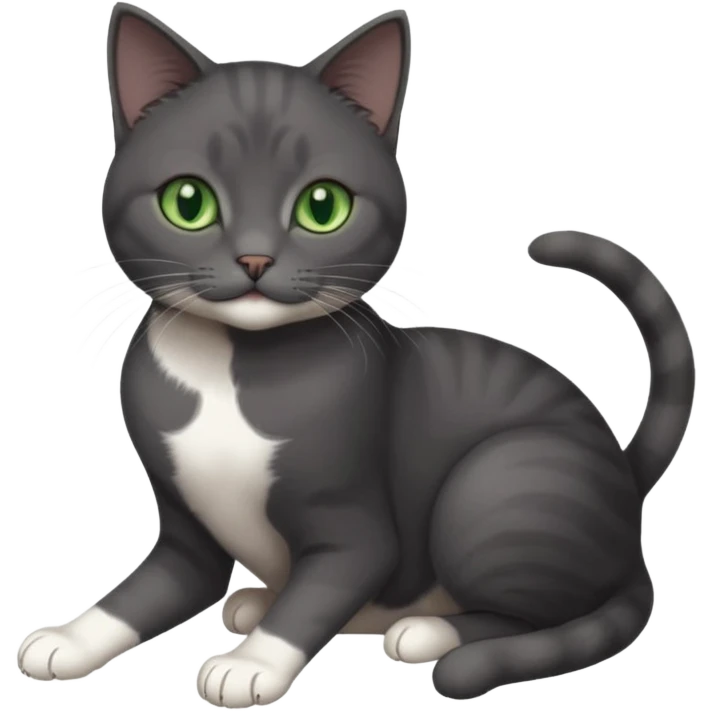 beautiful female solid dark grey cat with green eyes, white toes/paws and white patch on her chest playing emoji