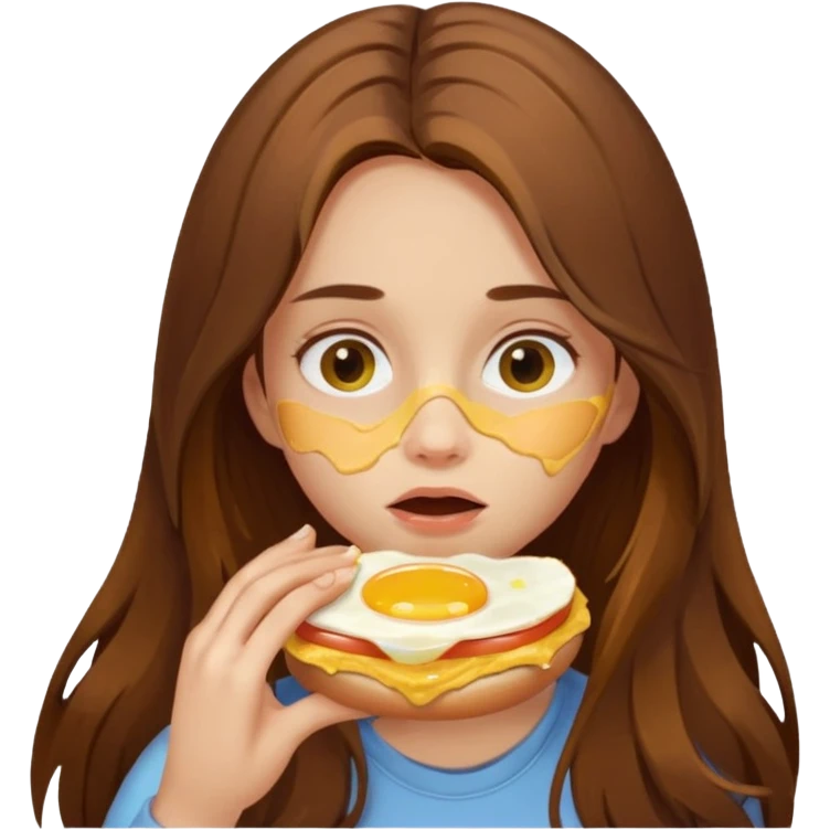 Girl with brown long hair eating egg sandwich. Messy egg over face.  emoji