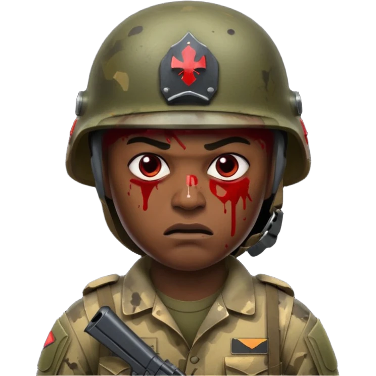 soldier with very dark skin, angry face, blood splatter on left cheek emoji