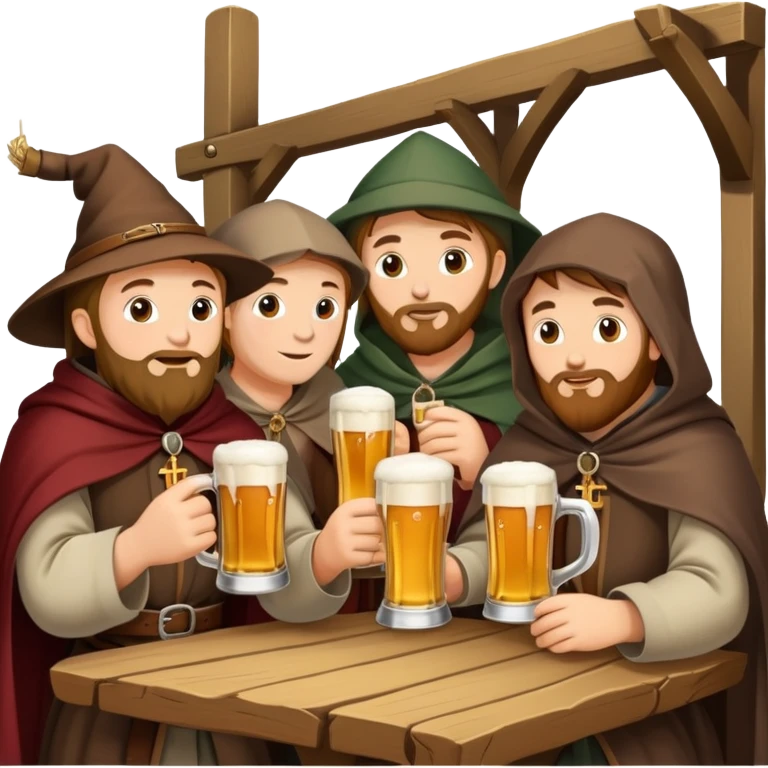 medieval pilgrims with cloaks drinking beer at a tavern emoji