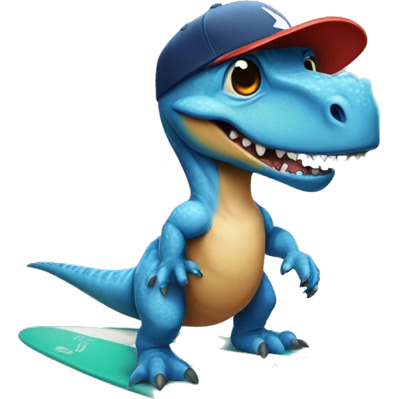 dinosaur on surfboard wearing a baseball hat emoji