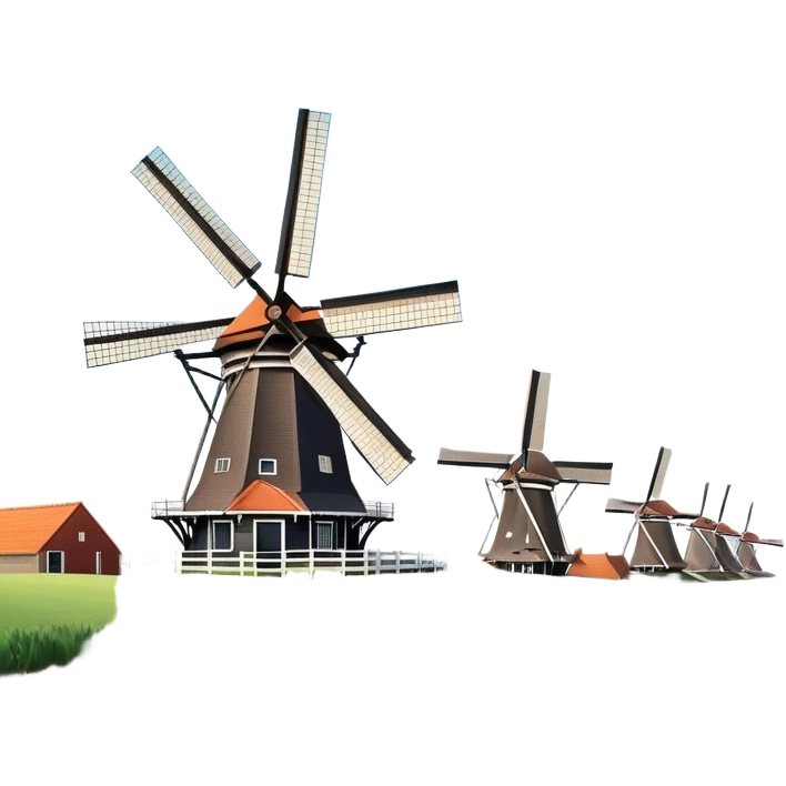 Cinematic Realistic Kinderdijk Windmills Landmark Emoji, depicted as a row of classic Dutch windmills set against a serene sky rendered with detailed textures and soft natural lighting. emoji