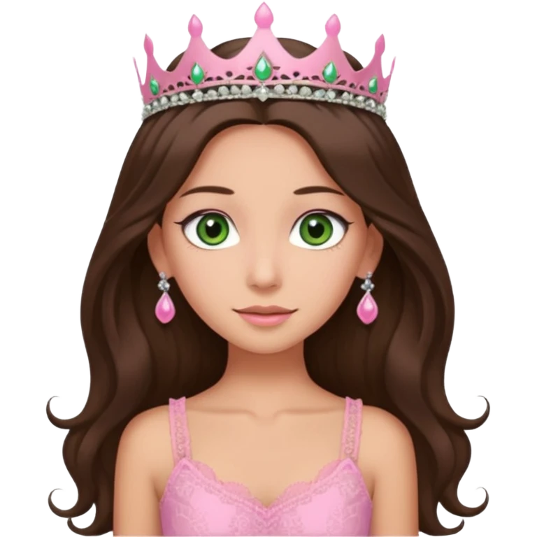 super long haired brunette with middle part cute pink lacy tank with a pink tiara on head, white but tan green eyes  emoji