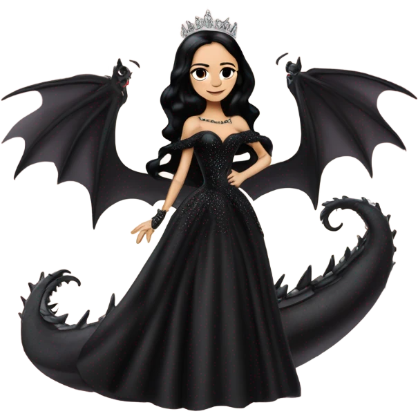 Lavish Victorian evening gown, Jenna Ortega as young Morticia Addams Jedi wearing a mini tiara, riding on the back of a very large blood red evil-looking horned firedragon emoji