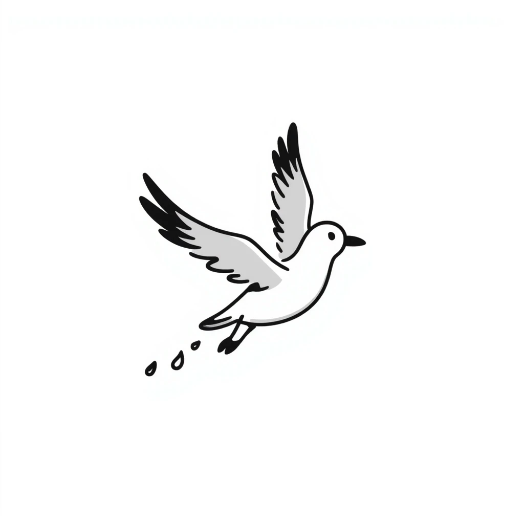a seagull flying while pooping, hand drawn doodle style, humorous and lighthearted emoji