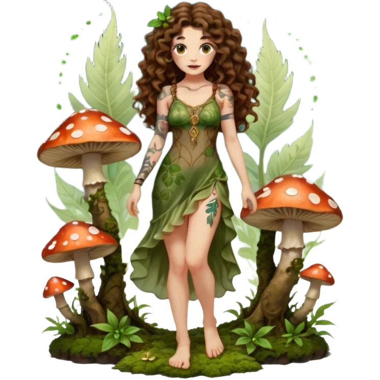 full body view of a woman with long curly brown hair, brown eyes, white skin, tattoos, wearing a sheer moss and leaf dress, standing barefoot on glowing mushrooms, confident pose, slight smirk emoji