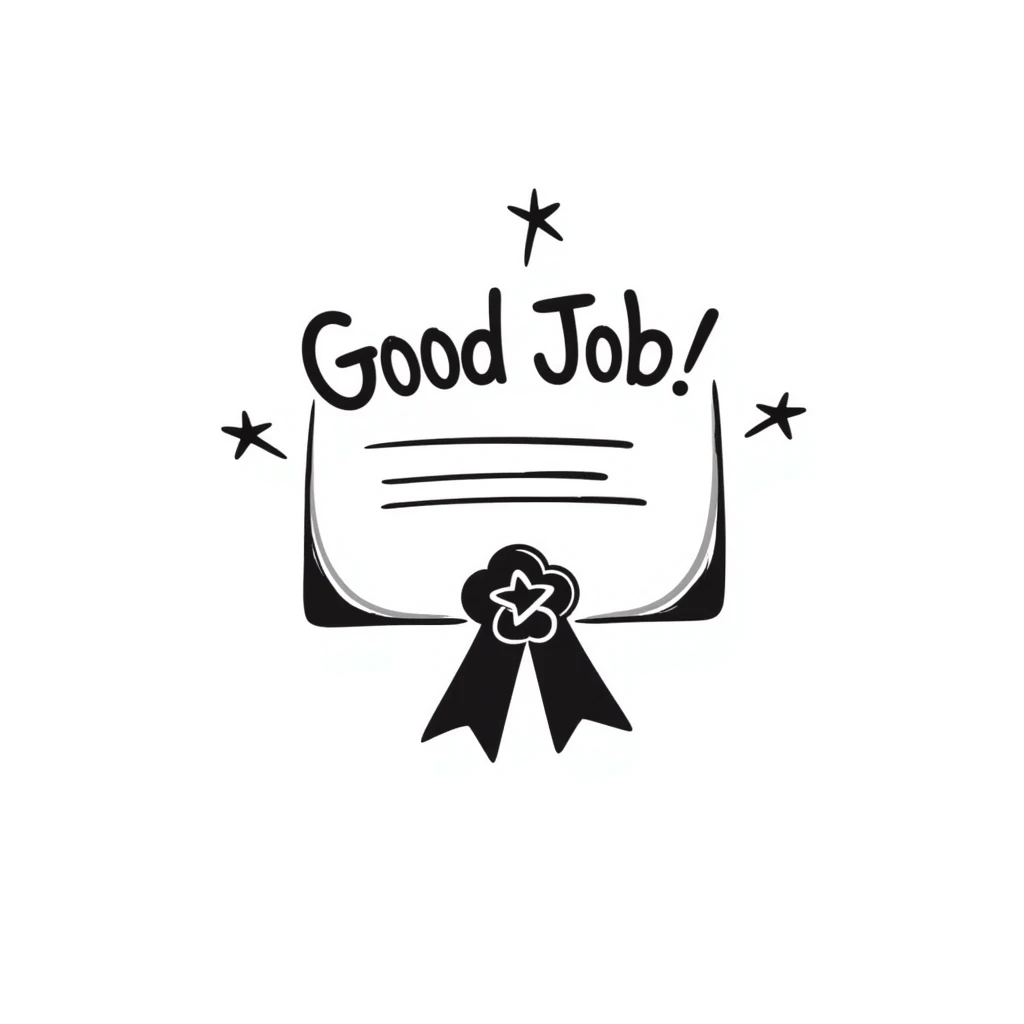 Award certificate with ribbon, "Good Job!" text, and shining stars in the corners emoji