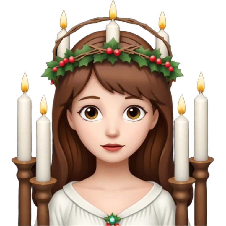 brown haired white women with white gown and advent wreath with long candles on the head emoji
