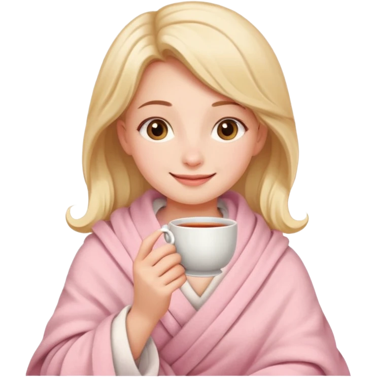 Милая девушка  и пьет чай укутавшись светло розовым пледом  emoji