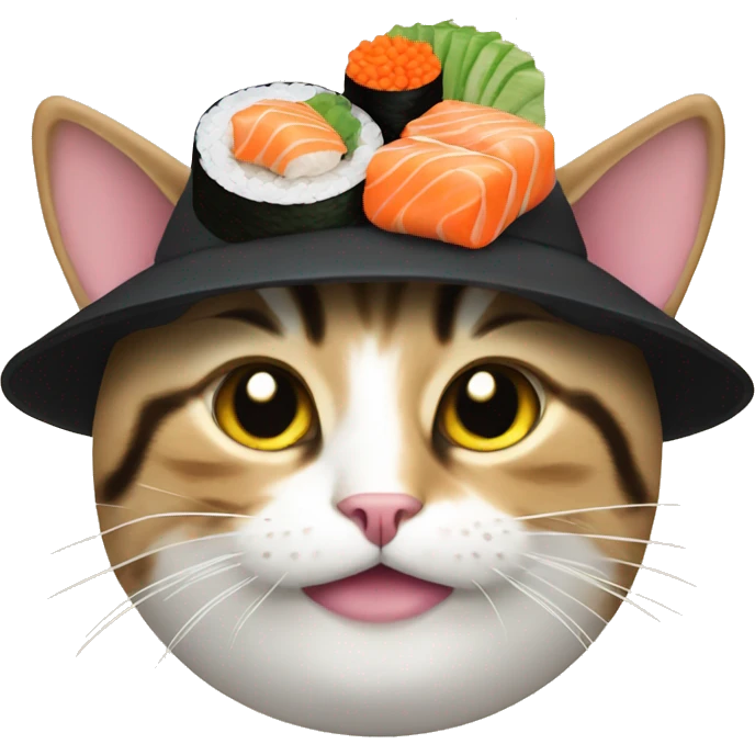 Cat wearing a hat made out of sushi emoji