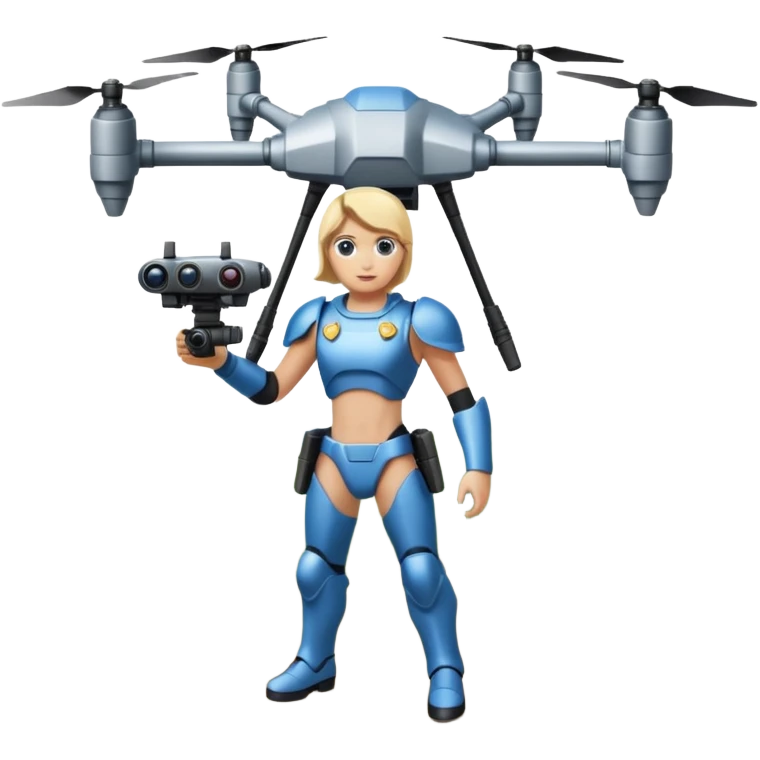 Un photographe high tech, une armure de terrain à la super héro. Il a des appareils photos, des caméras embarquées et un drone  emoji