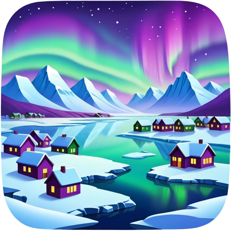 Mohe Arctic Village northernmost point of China with aurora borealis, simplified emoji style with bold outlines and bright colors, cartoon style village with northern lights emoji