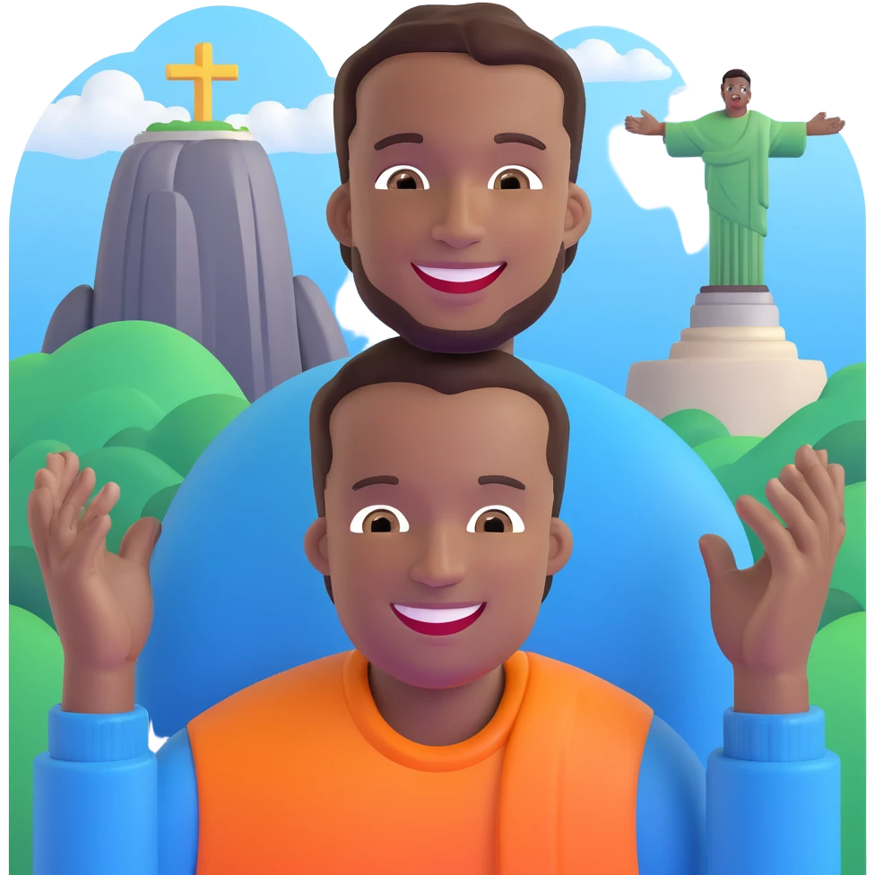smiling black man with big teeth, standard male haircut, oval face, with Christ the Redeemer statue in the background, Rio de Janeiro, no glasses emoji