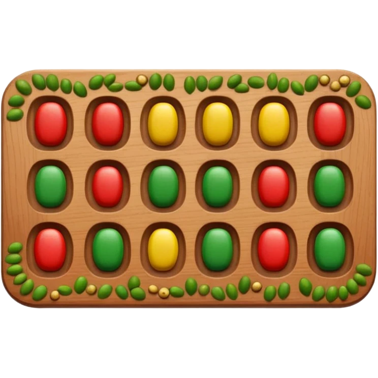 Flat emoji illustration of an African Awalé (mancala) board, wooden board with 12 holes, colorful seeds, simple shapes, bold outlines, cute and playful style, vector look, transparent background” emoji