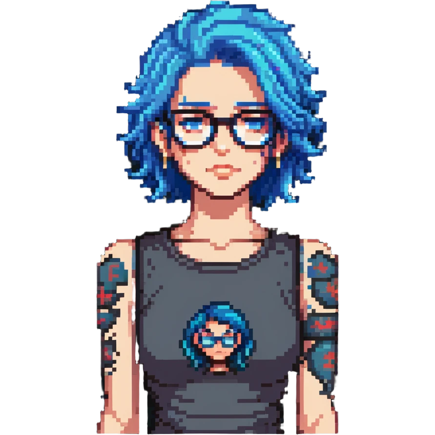 character with blue hair, glasses, visible tattoos emoji