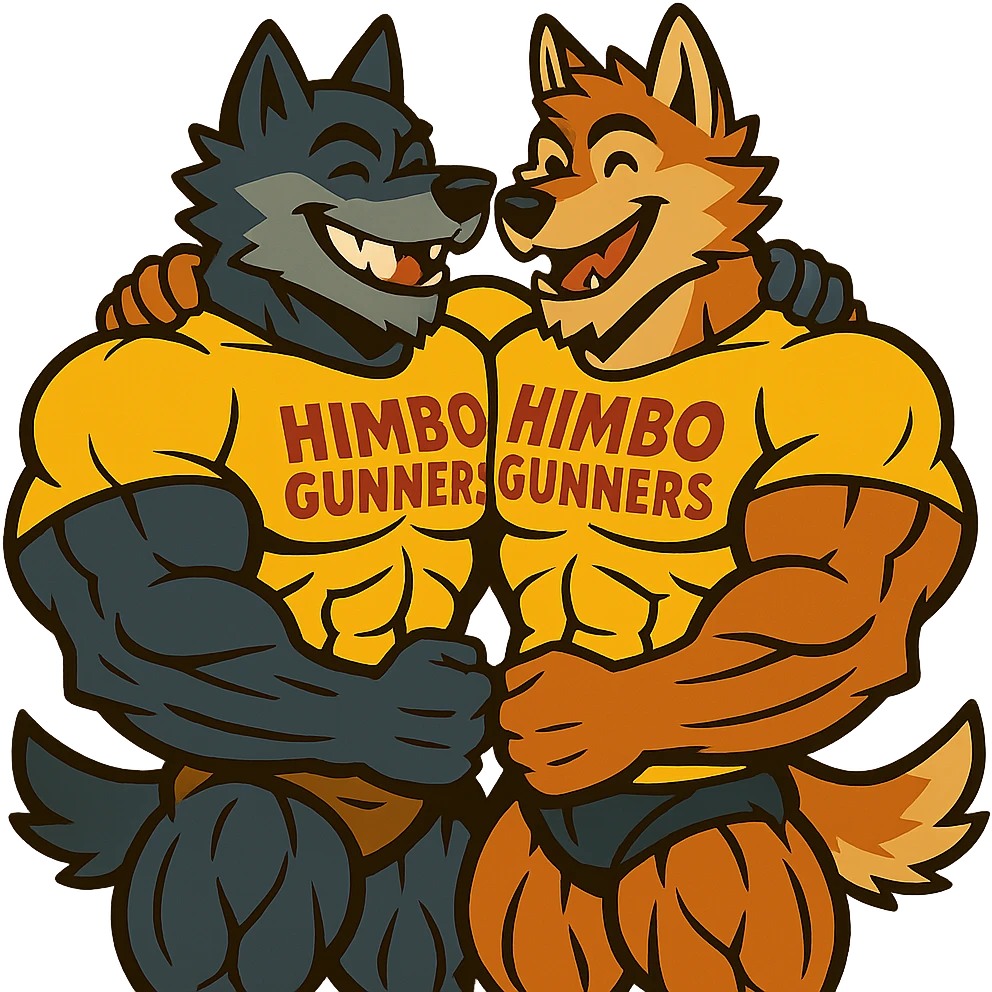 two super buff wolf furries with matching 'Himbo gunners' t-shirts, hugging, happy and confident, exaggerated muscle definition, detailed fur and anatomy, ultra high quality emoji