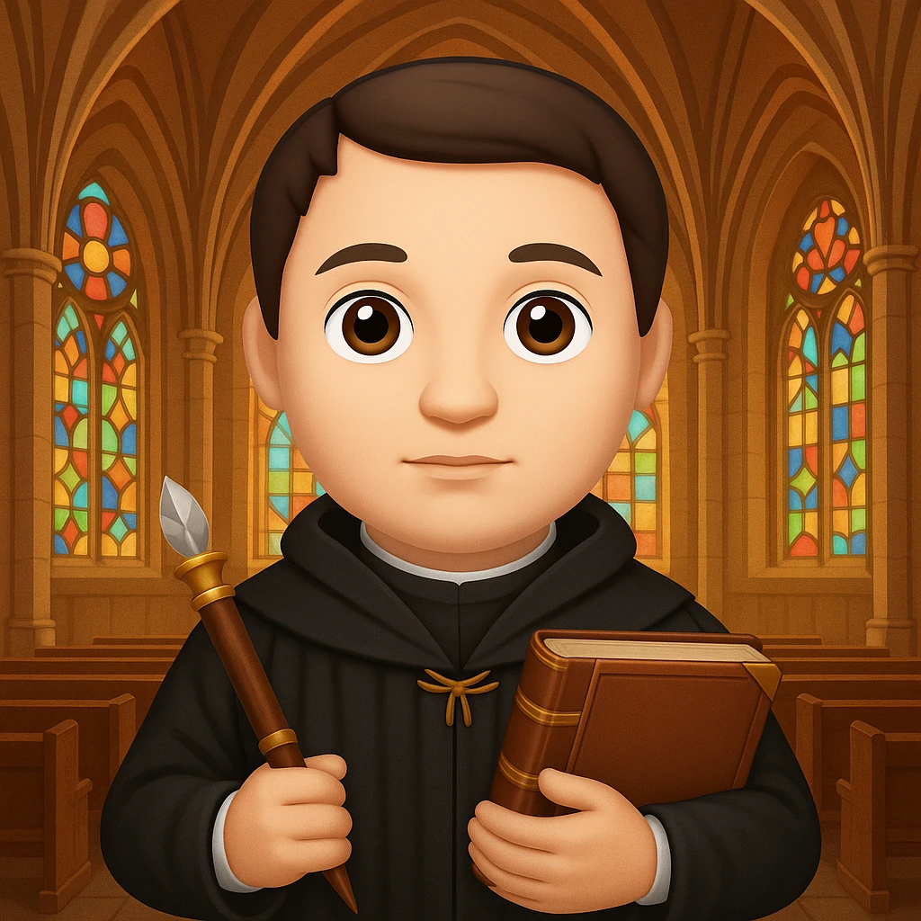 Add a church background behind Martin Luther with a quill and Bible, in the style of apple emojis, preserving the apple emoji style look and feel. emoji