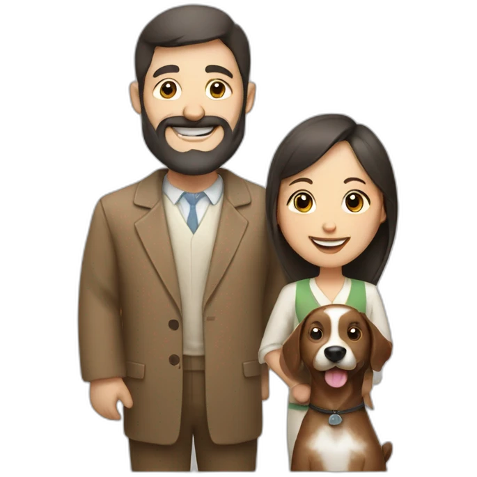 Jewish man and Chinese lady with brown dog smiling emoji