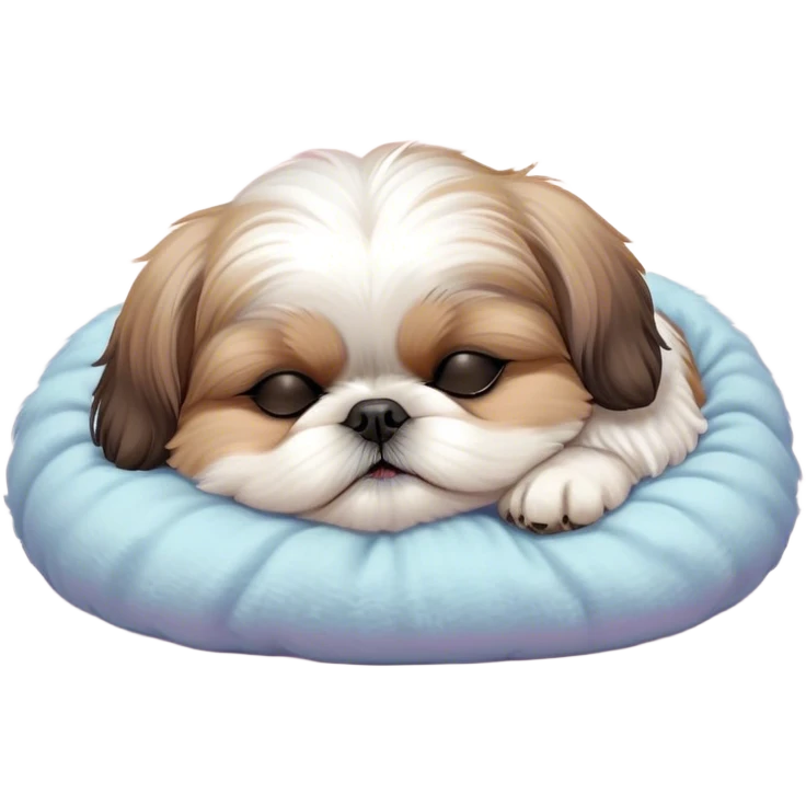 Meme-Worthy Cute Sleeping Shih Tzu Portrait Emoji, Head resting peacefully with a tender, contented smile and eyes delicately closed in serene slumber, showcasing a luxuriously fluffy fur in soft pastel tones, simplified yet irresistibly adorable, highly detailed, glowing with a warm, drowsy radiance, high shine, exuding calm, cozy charm, styled with a gentle, soft glowing outline, capturing the essence of a sleeping Shih Tzu that radiates utterly adorable, sleepy bliss! emoji