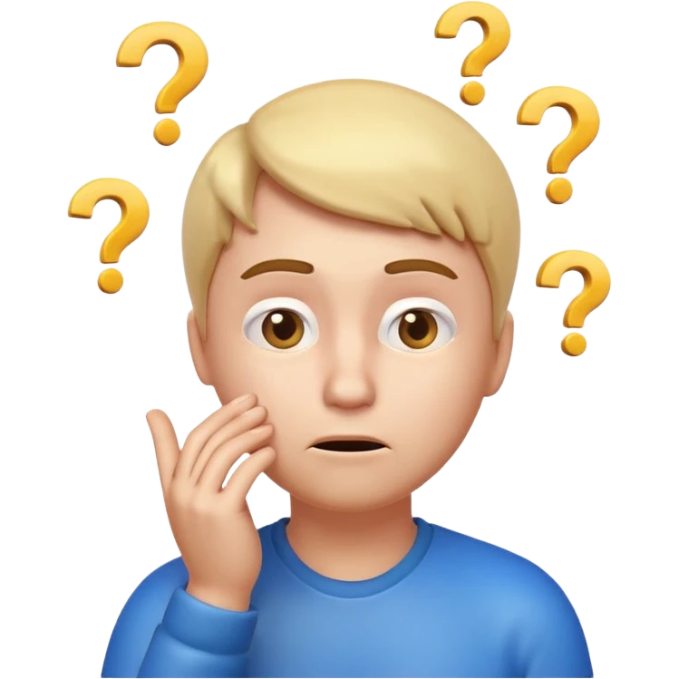 3D glossy emoji of a confused person feeling lost, hand on chin, raised eyebrow, looking up, small question marks around head, faint maze background, soft gradient, centered, transparent background.\ emoji