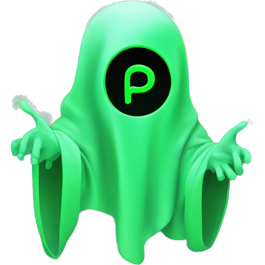 Neon green ghost holding a ''P'' in one hand and an ''E'' on the other hand emoji