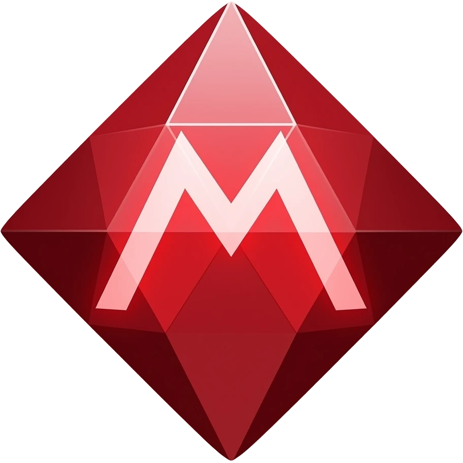 Motion graphic icon of a geometric red diamond. Pulses slowly, changing color from deep maroon to bright scarlet. A glowing outline forms an "M" in the center during the pulse. Minimalist, clean lines, motion blur. emoji
