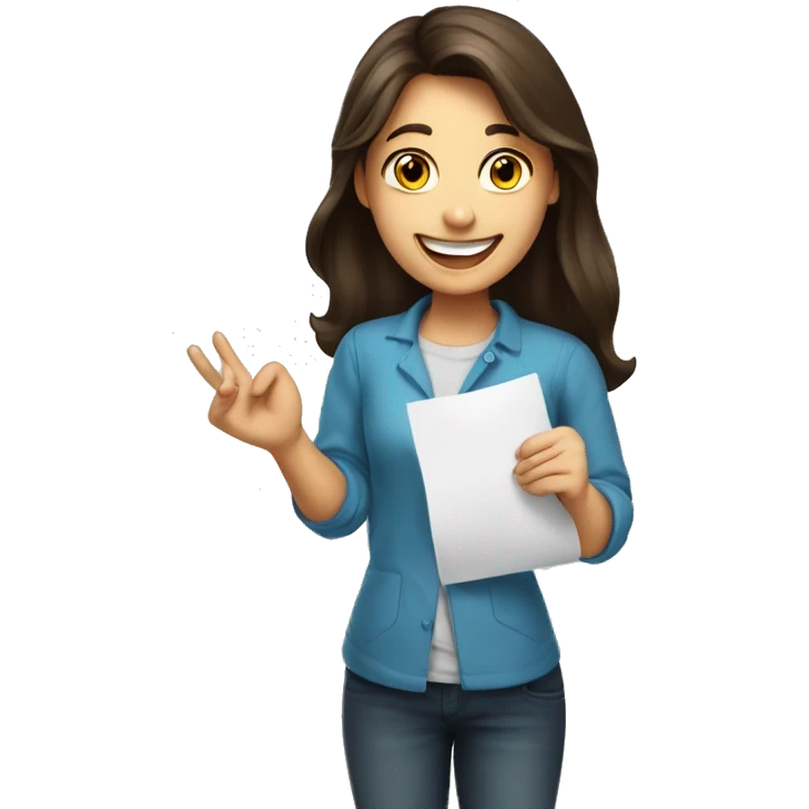 a brunette girl happy to have a 100% on her exam holding it in her hand emoji