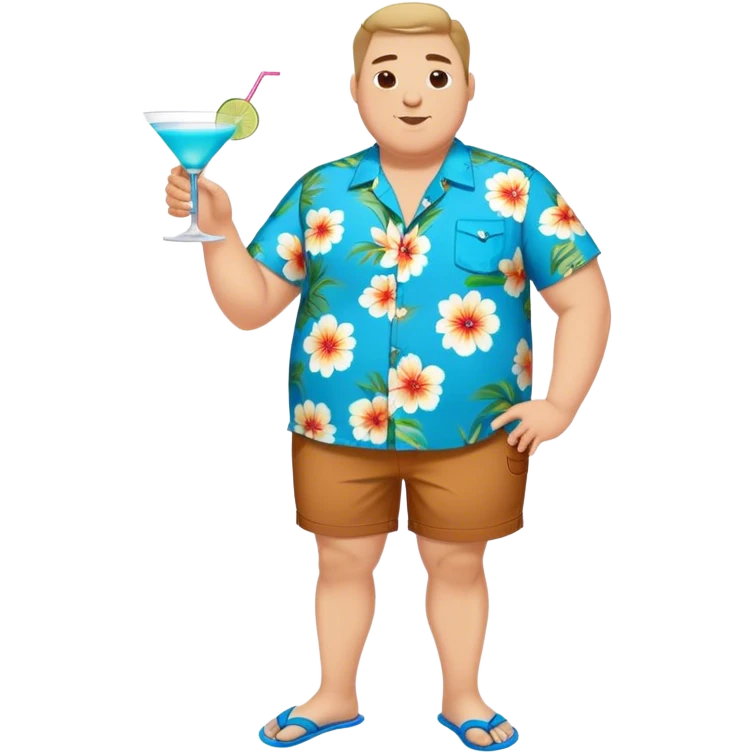 chubby guy full figure in a flowered azure havai shirt, brown shorts and flippers holding a cocktail emoji
