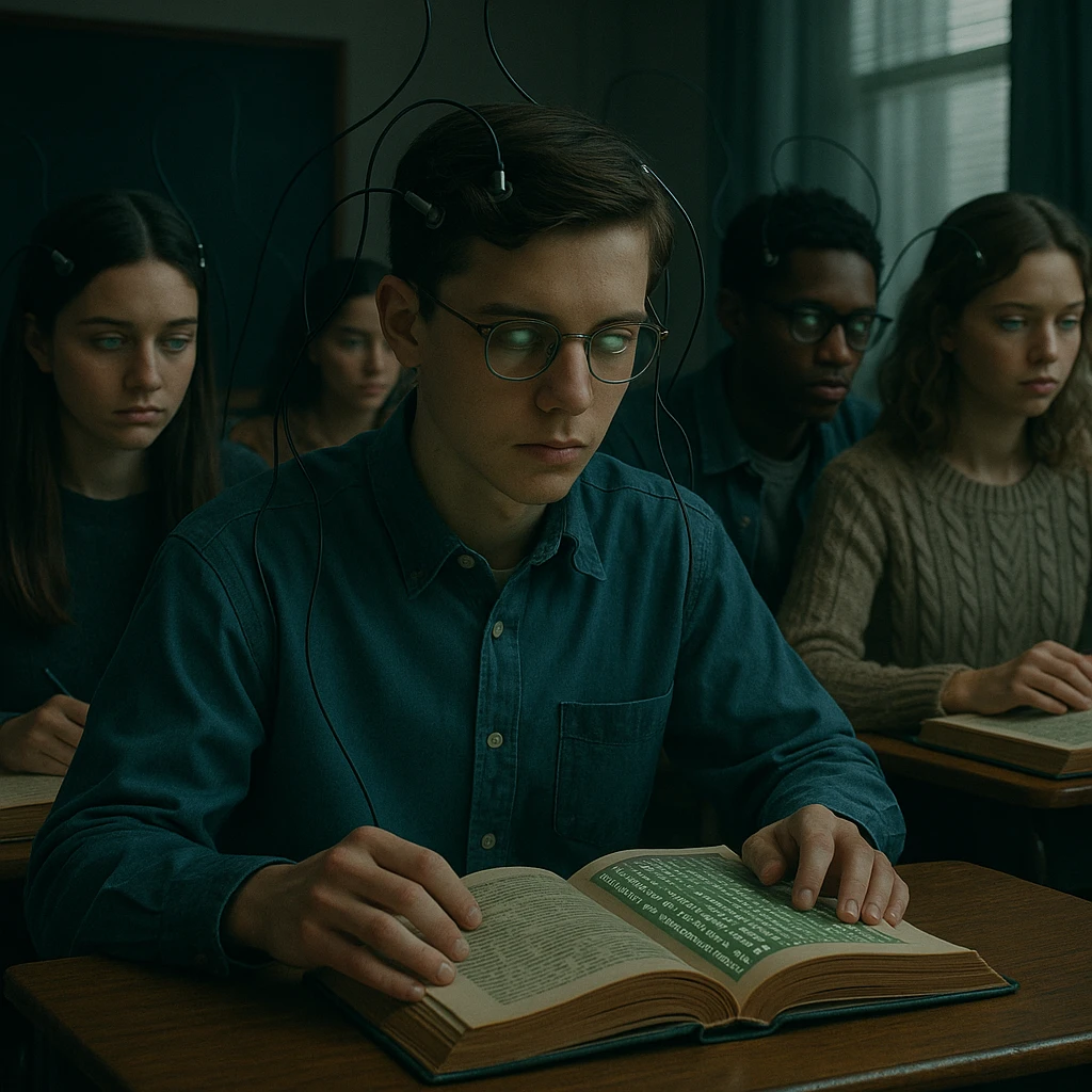 group of students in a classroom, all with glassy eyes and digital wires connected to their heads, reading books with writings and Matrix symbols, mind control atmosphere, cinematic style, 4K quality emoji