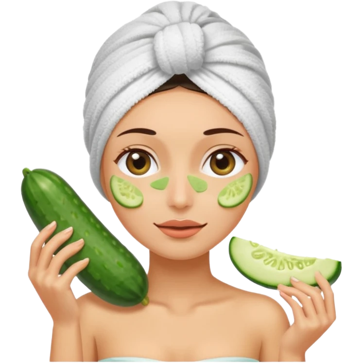 Una señora con una toalla en la cabeza y en el cuerpo con dos pepinos en los ojos  emoji