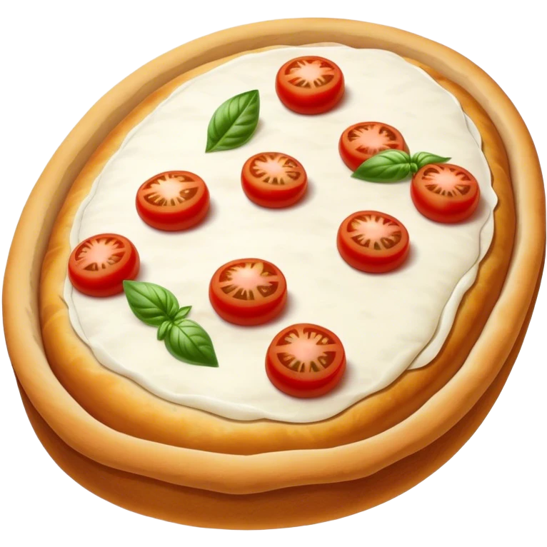 Icon of an oval-shaped Pinsa with a thick, airy crust, lightly topped with cherry tomatoes, mozzarella, and basil. Uneven, golden-brown edges to emphasize its rustic, artisanal look. emoji