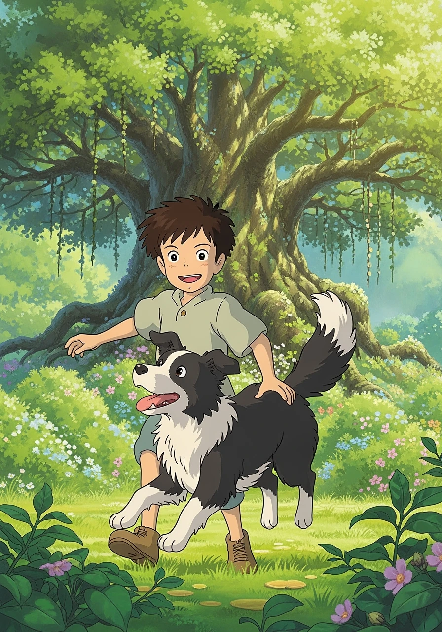 kid and his pet dog in studio ghibili style emoji