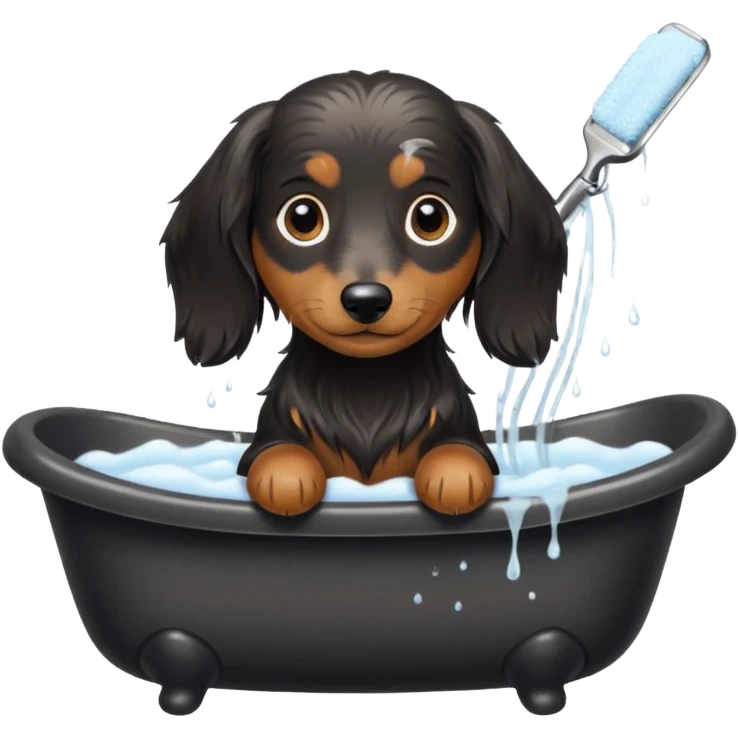 Black and cream Long haired Dachshund getting bath and haircut emoji