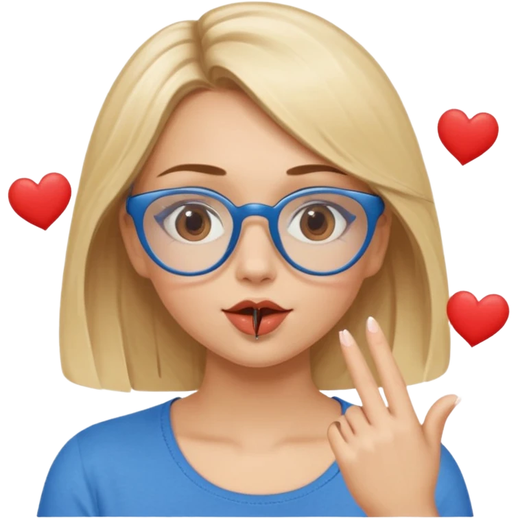 Asthectic Blonde women with brown eyes, blue glasses, waering a brown top, blowing a kiss with hearts around her. emoji