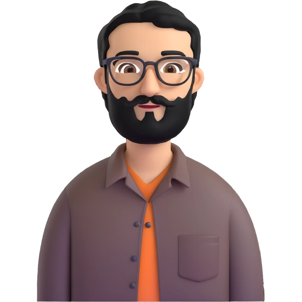 man with medium black beard, black hair, connected unibrow, olive tan skin, brown eyes, glasses, prominent long nose, wearing casual business attire like a button-up shirt without tie emoji