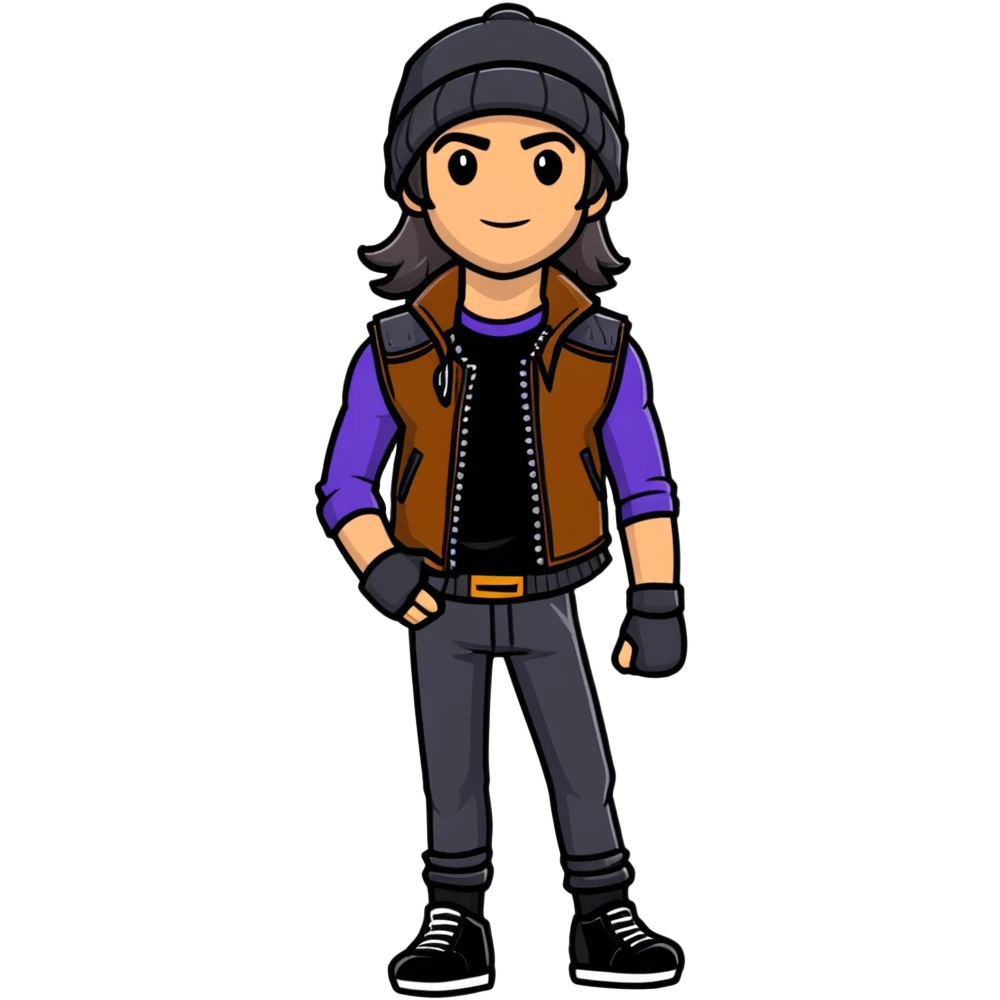 Jay from Descendants, long hair in a beanie, leather vest, athletic build emoji