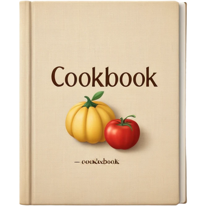 Closed beige linen cover cookbook with text “cookbook” on front emoji