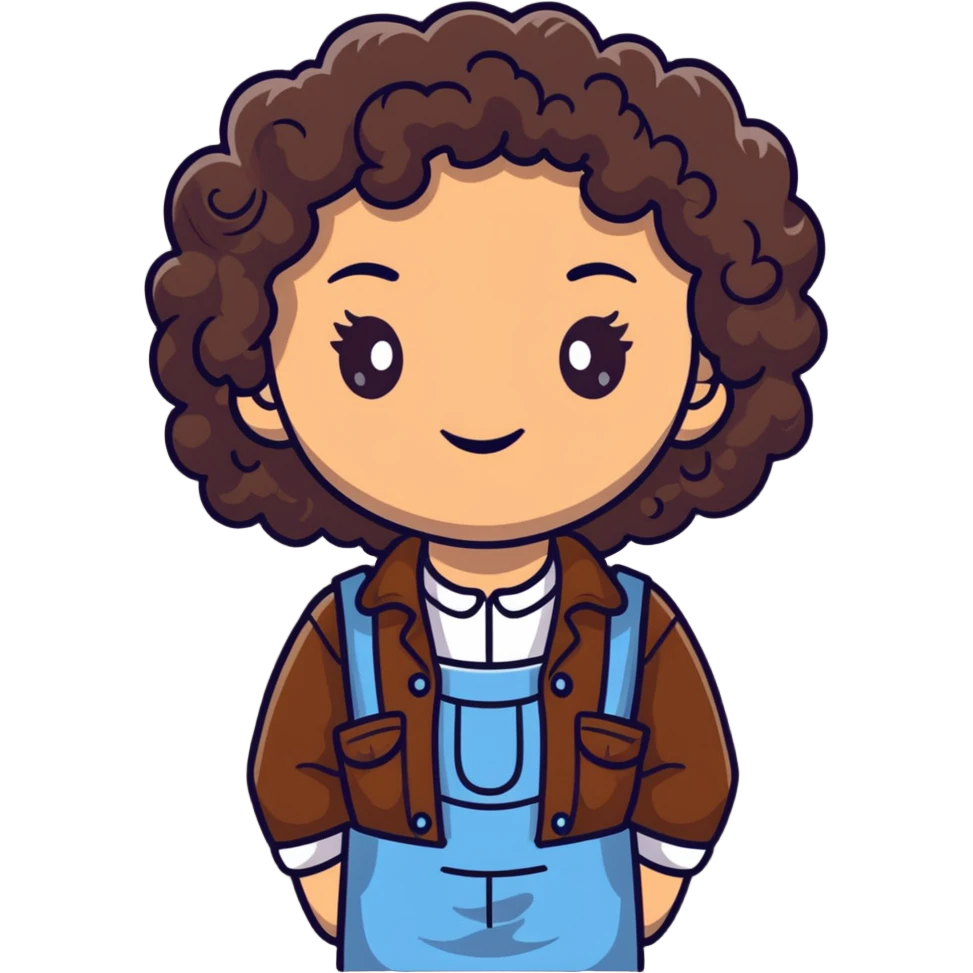 white girl with very curly dark brown hair, brown eyes, wearing farm clothes emoji