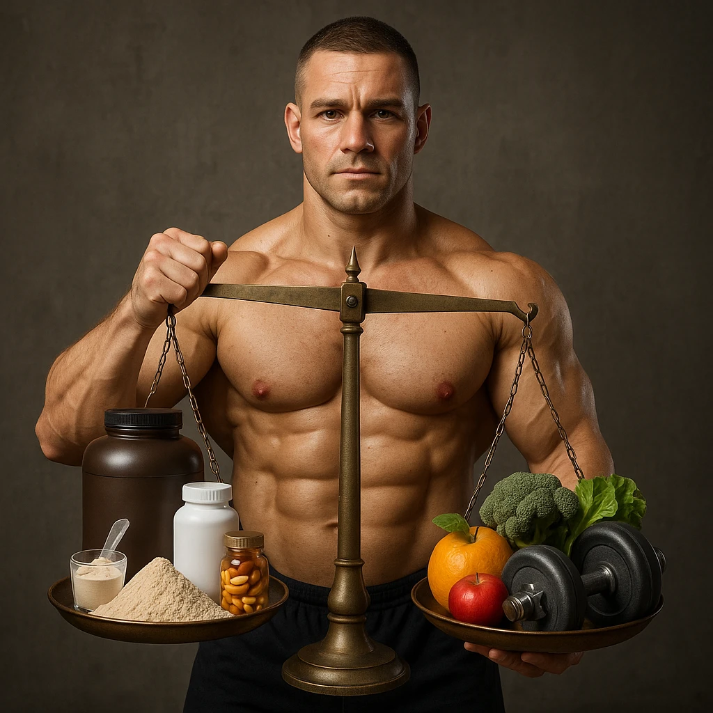 A 35-year-old bodybuilder con equilibrio su uso di sostanze e non. immagine iper realistica, fai una bilancia emoji
