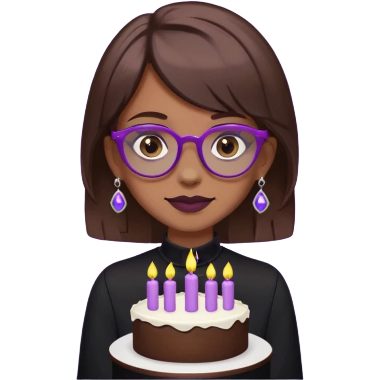 Cute ironic emoji woman, RIP 20’s theme.
Brown medium hair, grey eyes, purple glasses, nose piercing, tooth gem.
Black mourning outfit, cake with 29 candles.
Dark-cute minimal style, flat emoji design, clean lines.
Transparent background. emoji