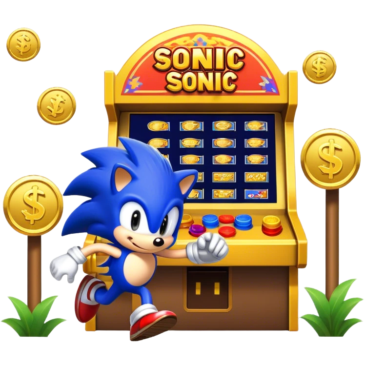 An icon showing a retro arcade screen with pixelated characters like a speedy hedgehog Sonic jumping and collecting coins. The game environment includes obstacles, power-ups, and vibrant colors, evoking the excitement and nostalgia of classic arcade games. transparent background. emoji