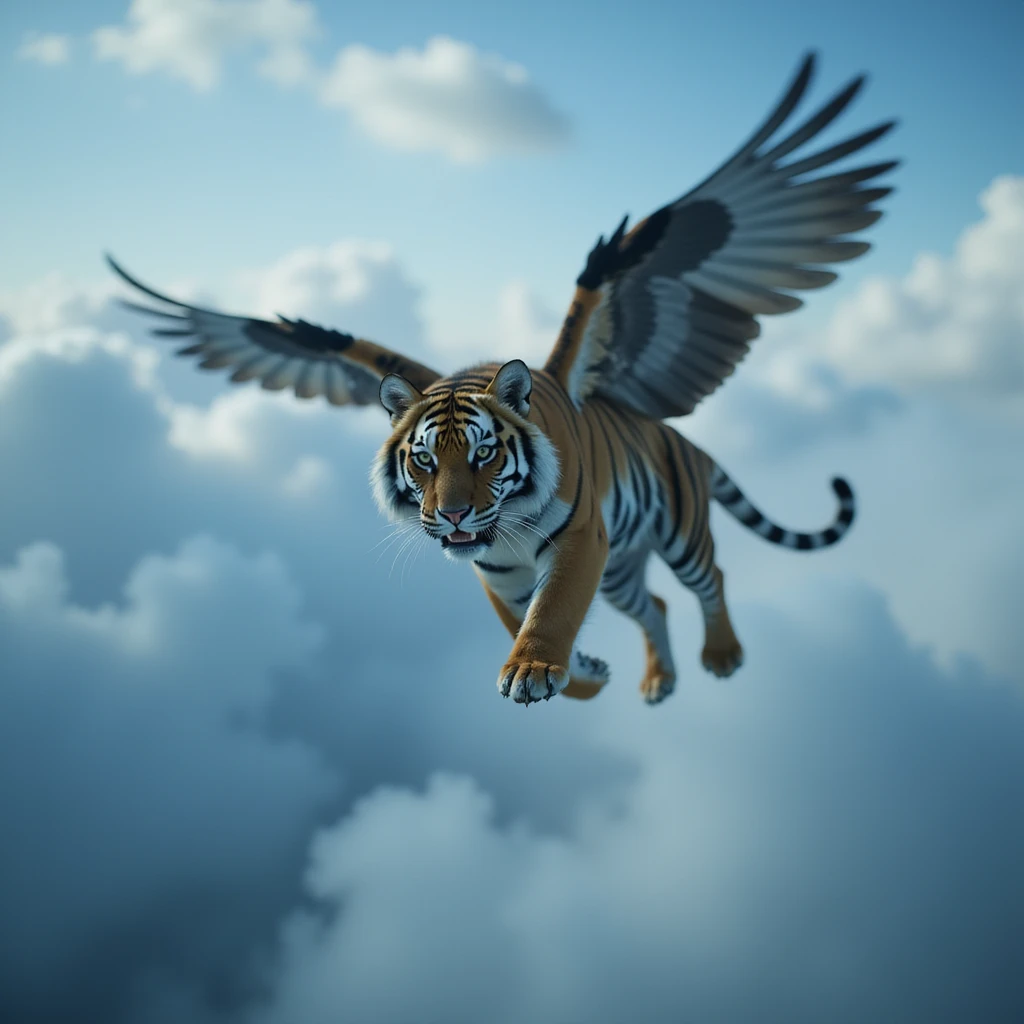 Cinematic still of a Tiger with wings and corwn flying around clouds, blue solid color, with cinematic blur emoji