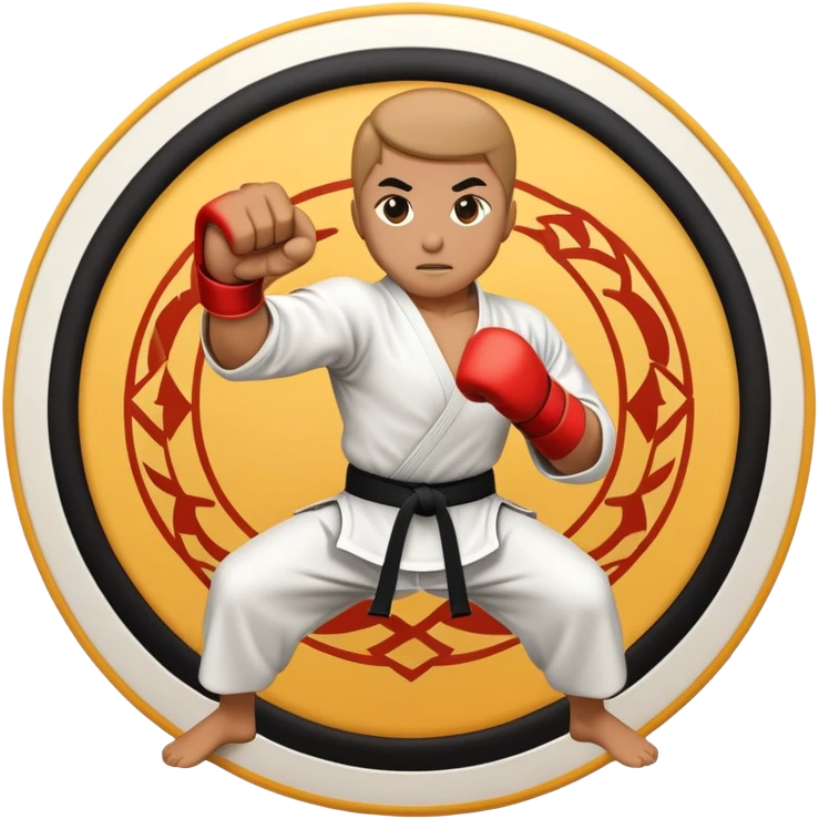 An emblem-style emoji symbolizing striking martial arts. The design features a stylized fighter in a dynamic stance, delivering a powerful punch, surrounded by a circular border with traditional elements like fists and combat symbols. Bold, clean lines with contrasting colors. emoji