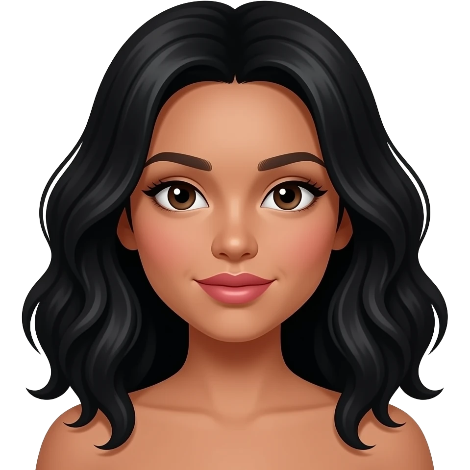 Pretty girl with really light brown skin with black wavy hair,her lips are nude pink and her eyes and dark brown emoji