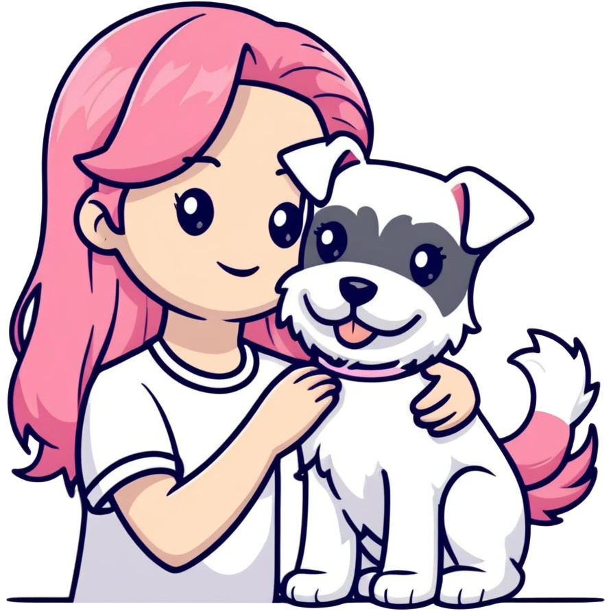 Girl with long flowing pink hair holding a white schnauzer dog emoji