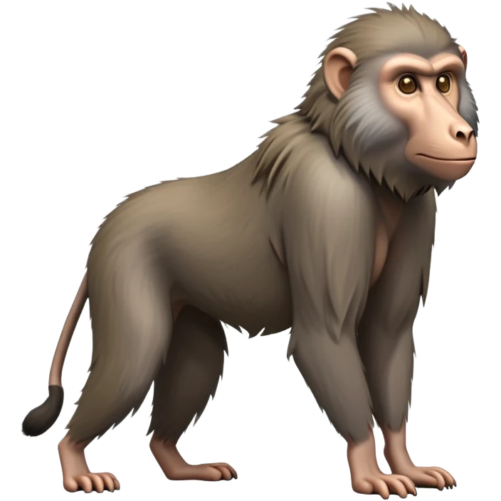 cinematic-hairy baboon-full-body-standing on all fours-emoji,-head-tilted-dramatically,-thick-grey-and-brown-fur,-simplified-yet-realistic-focused-features,-highly-detailed,-glowing-with-an-almost-sarcastic-glow emoji