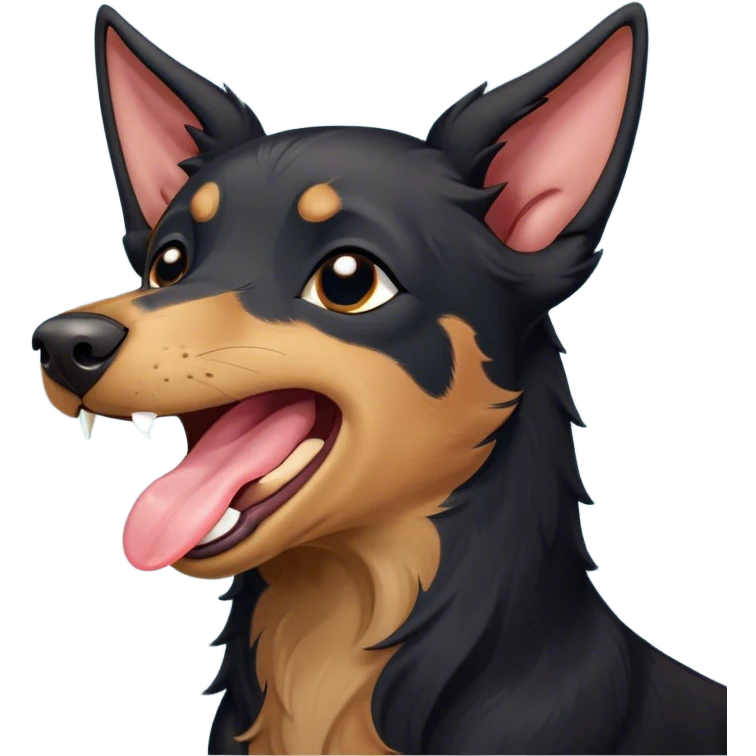 Cinematic Cute Yawning Black and Tan Kelpie Portrait Emoji, Head tilted slightly with a dramatic, wide-open yawn, showcasing a smooth black Fur with distinct tan accents, floppy ears slightly drooping, round dark eyes barely open in drowsy contentment, Simplified yet irresistibly adorable features, highly detailed, glowing with a soft, cozy glow, high shine, relaxed yet expressive, stylized with a touch of whimsy, bright and endearing, soft glowing outline, capturing the essence of a sleepy yet affectionate herder, so drowsy it feels like it could stretch out of the screen and curl up for a nap! emoji