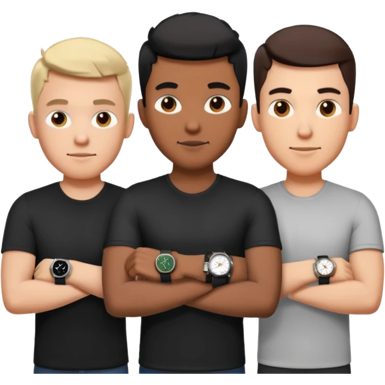 4 different men wearing black strap watches on their wrists portraits, head and shoulders only, watches clearly visible on arms, diverse face shapes and skin tones, 3D cartoon, mobile game icon style, clean background, no text, no watermark
 emoji