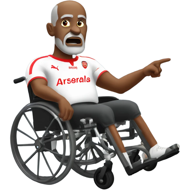old black bald man with a round belly in wheelchair. angry face. grey stubble. he is pointing finger in front. wearing Arsenal soccer shirt. saying word bubble emoji