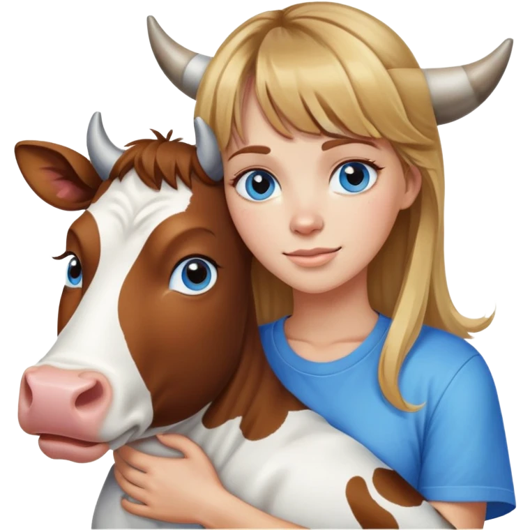 Woman with brown hair long and blonde highlights, bangs in front, blue eyes, white t shirt hugging a cow emoji
